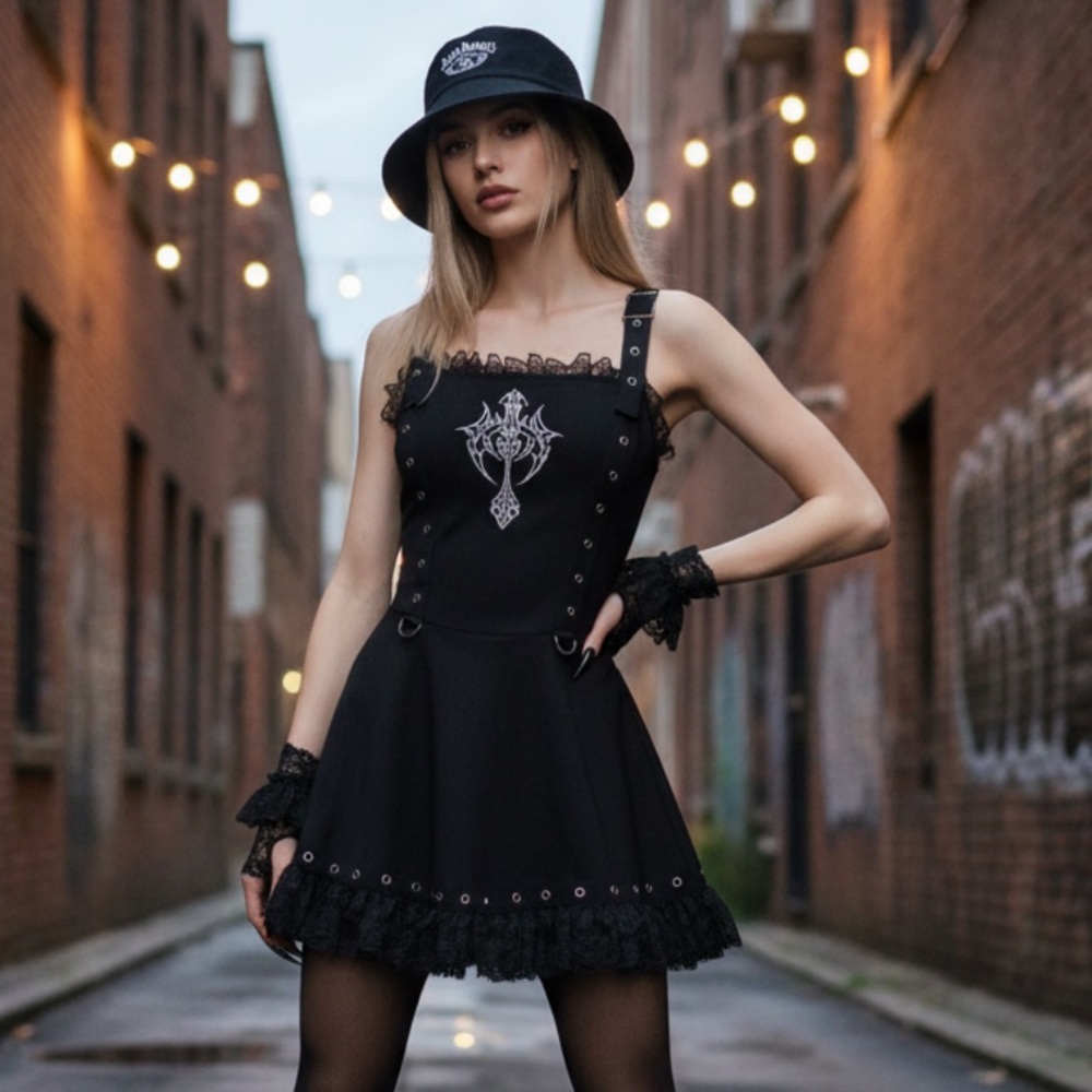 NWT Black Gothic Dress with Lace and Studs
